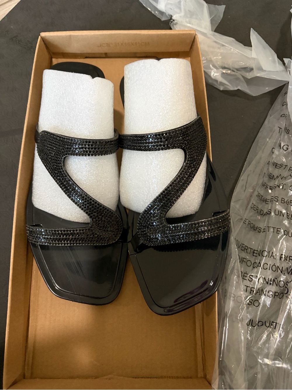 Inspire Black Crystal-Trim Square-Toe Slide Sandals